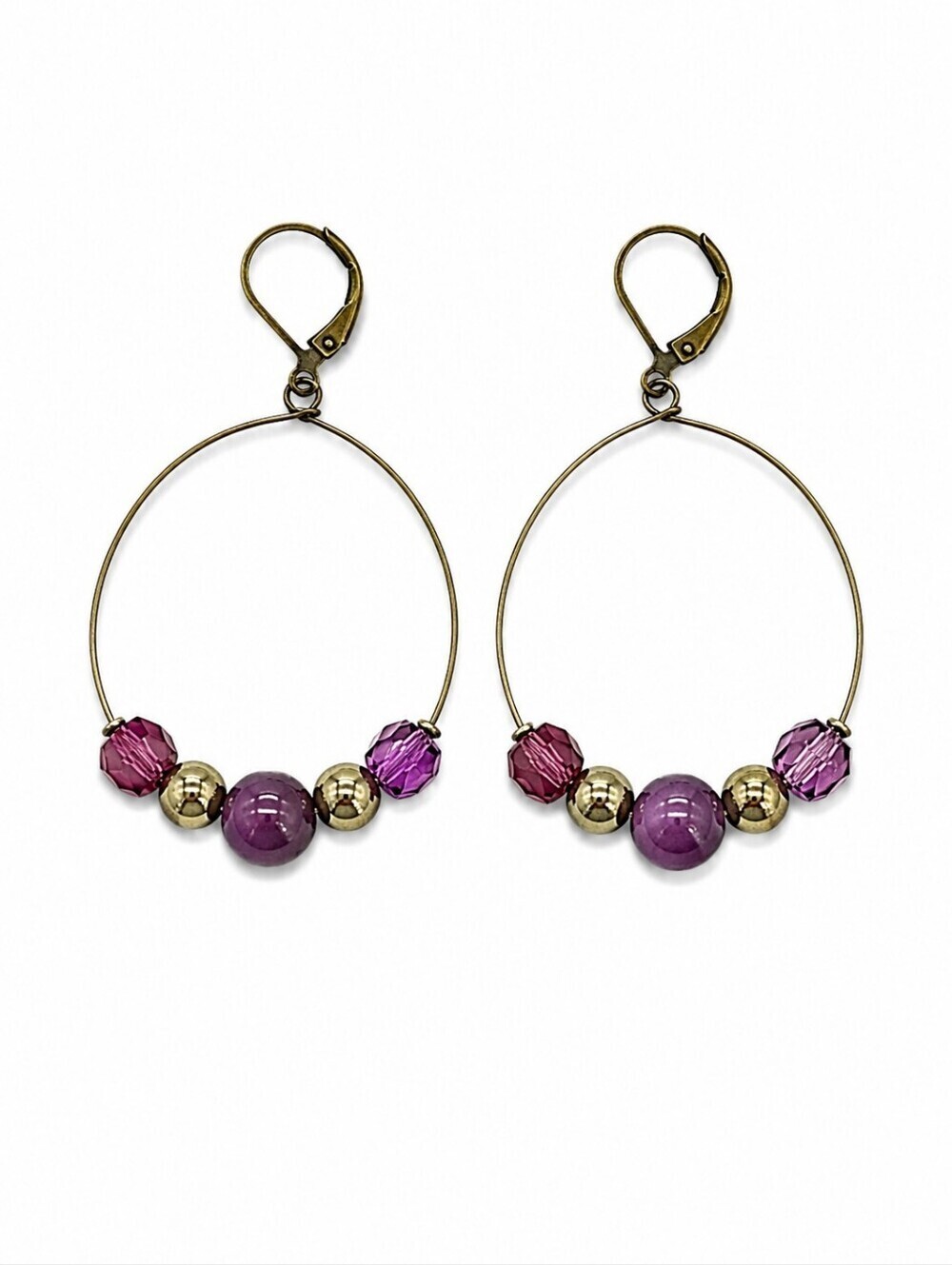 3/$30 HANDMADE Purple Beaded Gunmetal Hoop Leverback Earrings